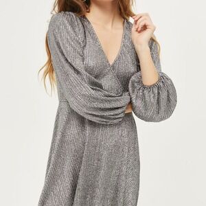 Topshop Silver Metallic Wrap Skater Dress Size US 8 EUR 40 UK 12 Long Sleeve